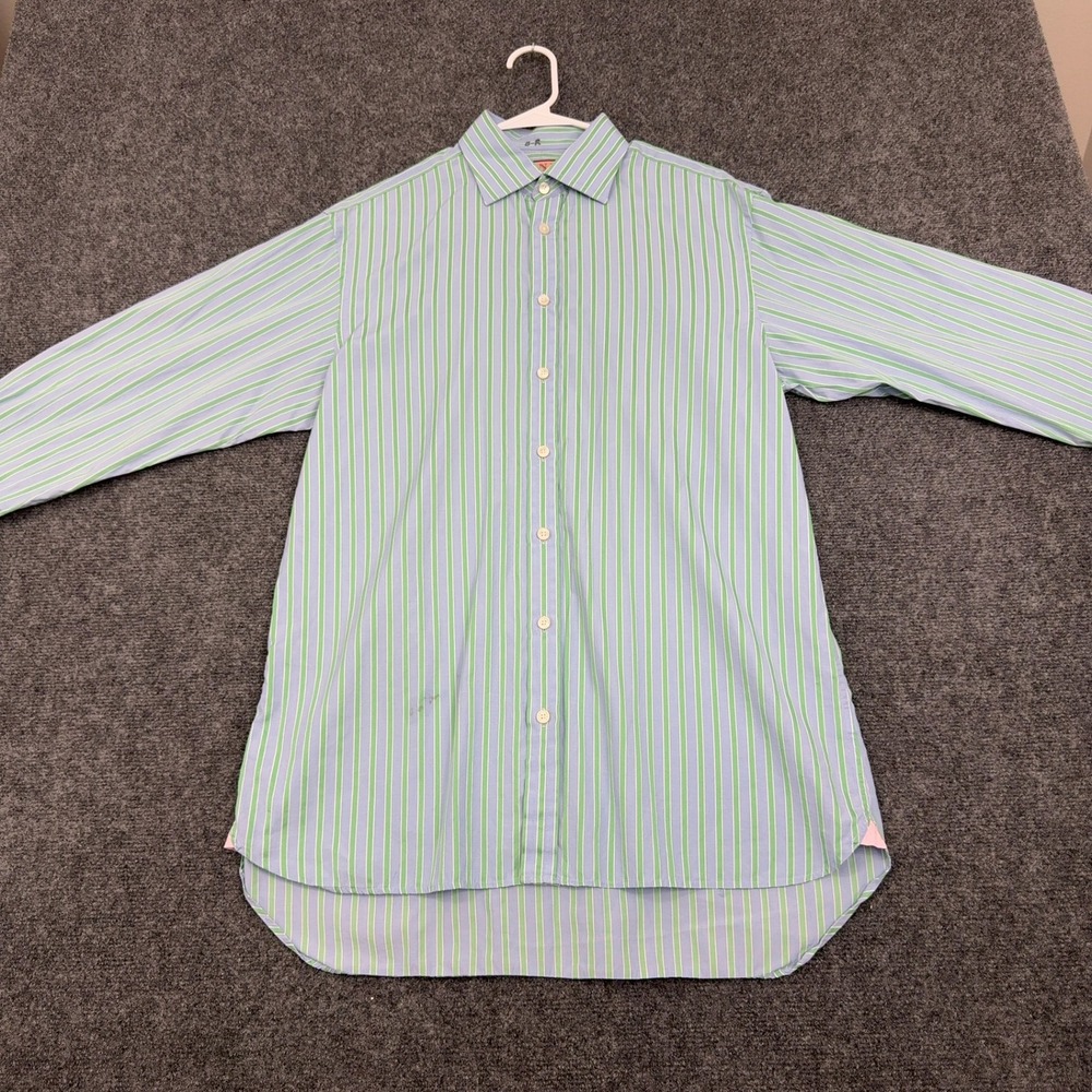 Thomas Pink Button Down Shirt Mens 16-34.5 Blue Green Striped Classic Business